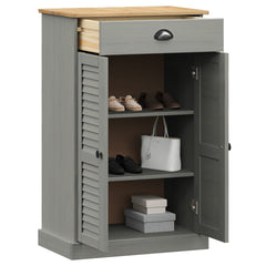 Gray solid pine wood shoe cabinet with louvered doors, two shelves for shoes, and a top drawer, measuring 23.6x13.8x37.8 inches.
