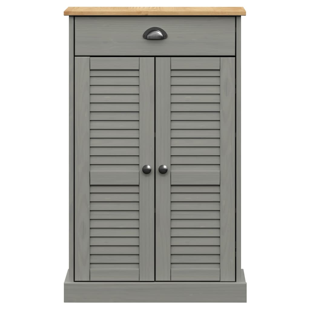 Gray solid pine wood shoe cabinet with louvered doors, drawer, and wood top, 23.6x13.8x37.8 inches.