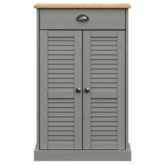 Gray solid pine wood shoe cabinet with louvered doors, drawer, and wood top, 23.6x13.8x37.8 inches.