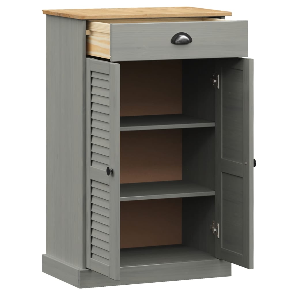 Gray solid pine wood shoe cabinet with louvered doors, drawer, and two shelves, 23.6x13.8x37.8 inches.