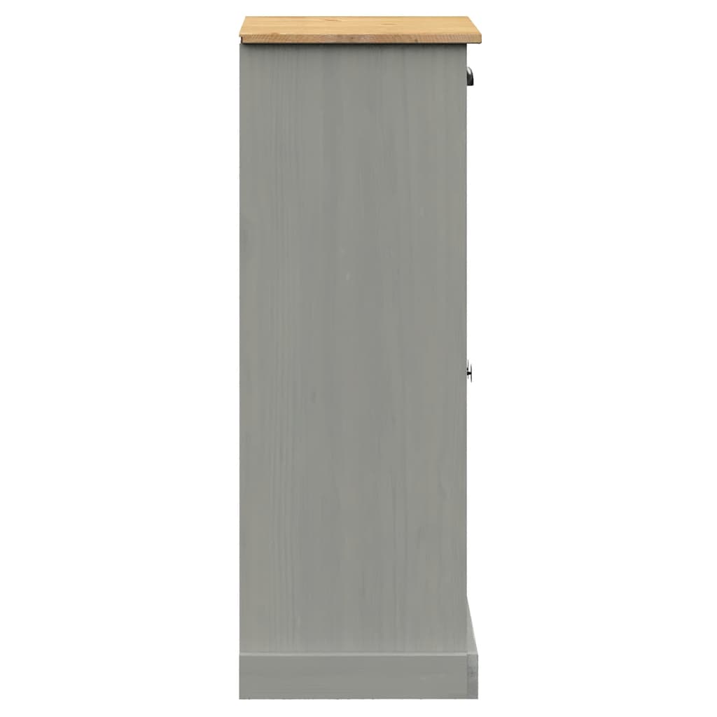 Gray solid pine wood shoe cabinet with oak top, side view showing drawer and door.