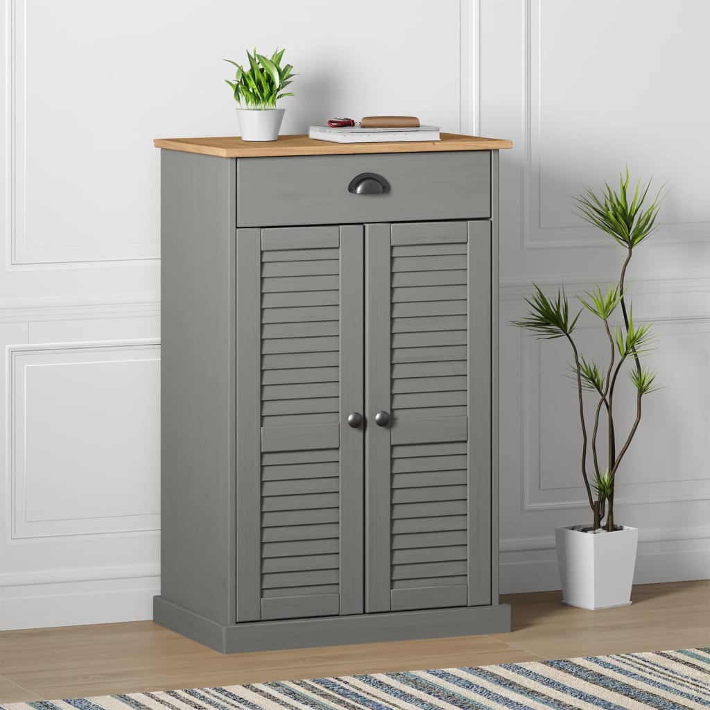 Gray solid pine wood shoe cabinet with louvered doors, drawer, and two shelves.
