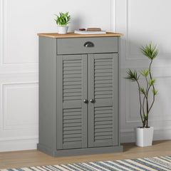 Gray solid pine wood shoe cabinet with louvered doors, drawer, and two shelves.