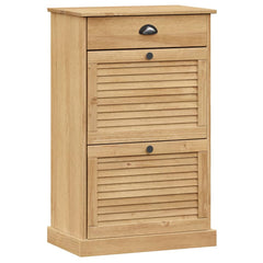 Solid pine wood shoe cabinet with shutter doors, one drawer, and metal pulls, 23.6x13.8x37.8 inches.
