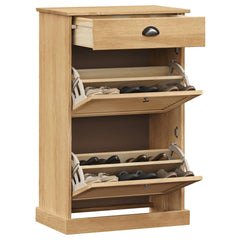 Vigo solid pine wood shoe cabinet with open drawers and shelves holding shoes, 23.6x13.8x37.8 inches.