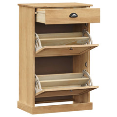 A light wood shoe cabinet with open shutter doors revealing adjustable shelves for up to 12 pairs.