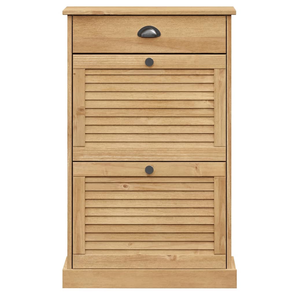 Solid pine wood shoe cabinet with shutter doors, drawer, and metal pulls, 23.6x13.8x37.8 inches.