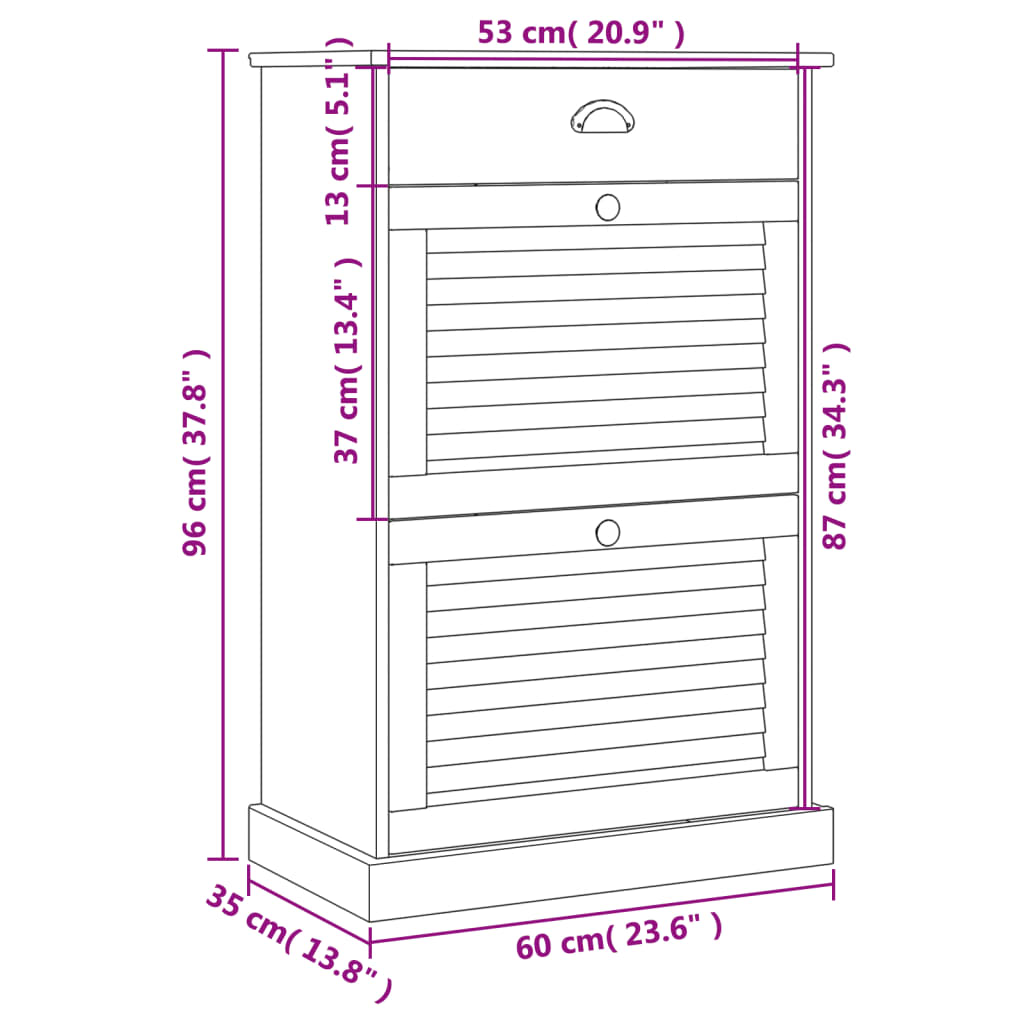 Side view of VIGO solid pine shoe cabinet with shutter doors, drawer, and dimensions 23.6x13.8x37.8 inches.