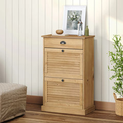 A light brown solid pine wood shoe cabinet with shutter doors, drawer, and metal pulls, measuring 23.6x13.8x37.8 inches.