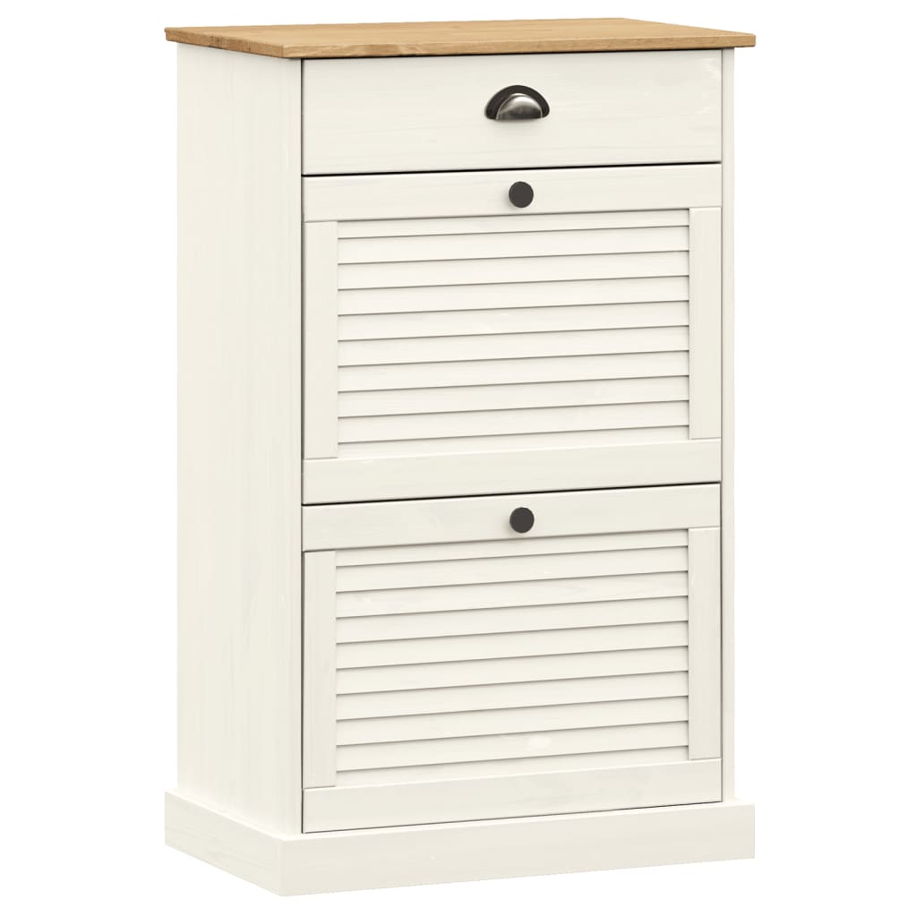 White solid pine shoe cabinet with louvered doors, drawer, and wood top, 23.6x13.8x37.8 inches.