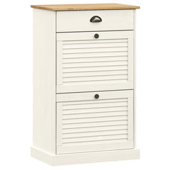 White solid pine shoe cabinet with louvered doors, drawer, and wood top, 23.6x13.8x37.8 inches.