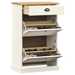 White solid pine wood shoe cabinet with open tilt-out doors revealing shoe shelves and a top drawer, measuring 23.6x13.8x37.8 inches.