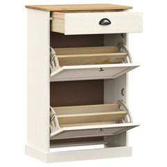 White solid pine wood shoe cabinet with open doors and drawer, 23.6x13.8x37.8 inches.