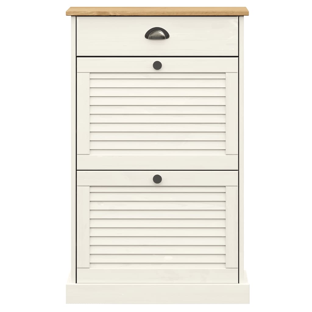 White solid pine shoe cabinet with slatted doors and four drawers, 23.6x13.8x37.8 inches.