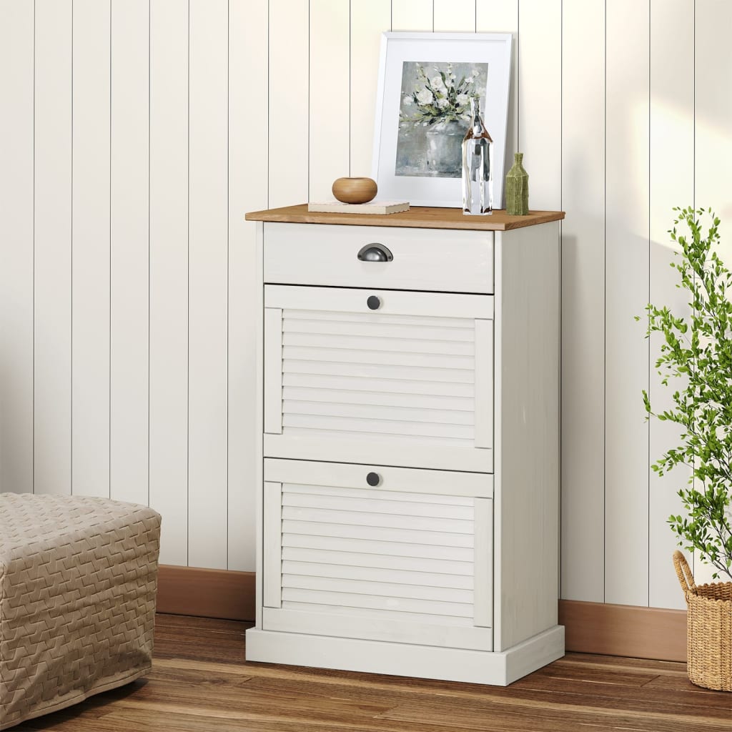 White solid pine wood shoe cabinet with louvered doors and four drawers, 23.6x13.8x37.8 inches.