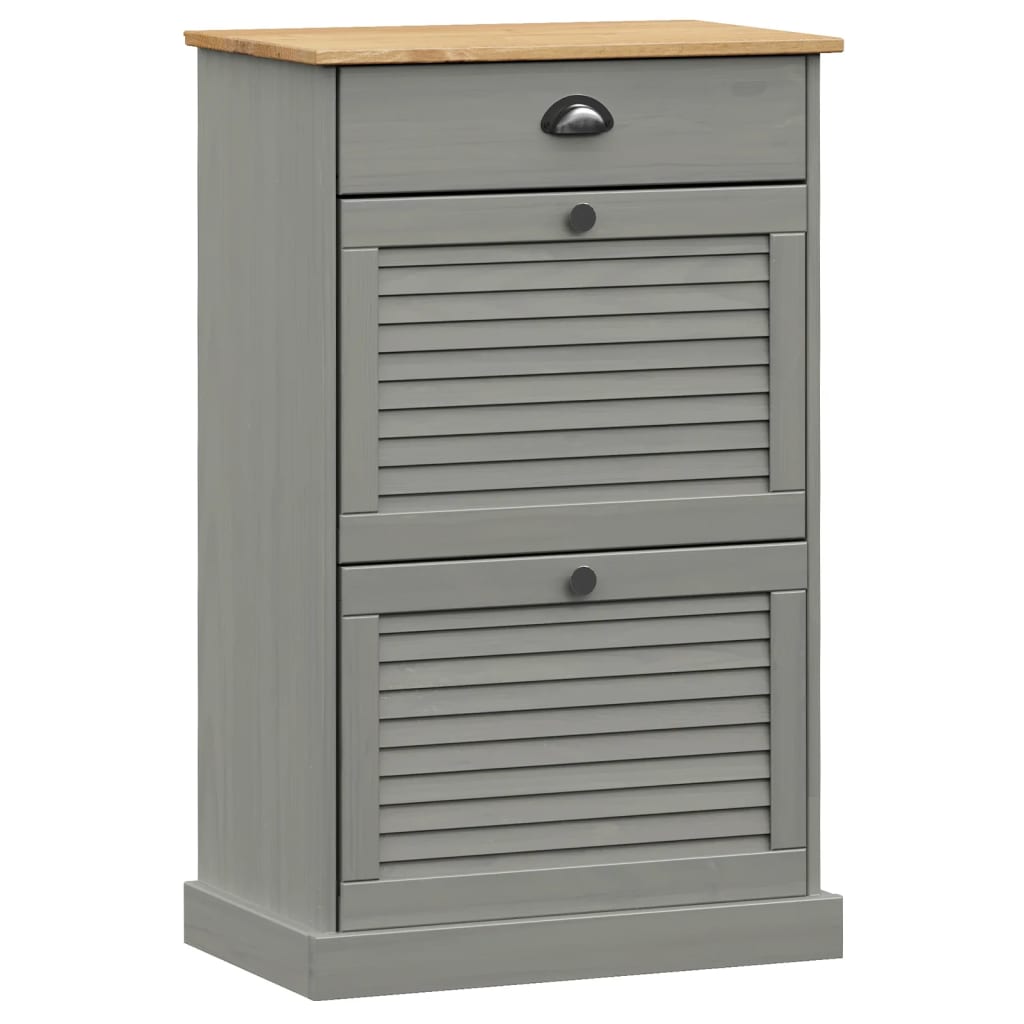 Gray solid pine wood shoe cabinet with louvered doors, drawer, and top shelf, 23.6x13.8x37.8 inches.