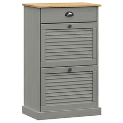 Gray solid pine wood shoe cabinet with louvered doors, drawer, and top shelf, 23.6x13.8x37.8 inches.