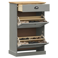 Gray solid pine wood shoe cabinet with two louvered doors, a drawer, and space for multiple shoe pairs.
