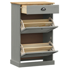 Gray solid pine wood shoe cabinet with open louvered doors and drawer, 23.6x13.8x37.8 inches.