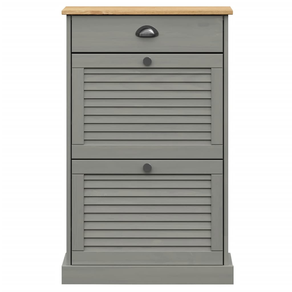 Gray solid pine wood shoe cabinet with louvered doors and two drawers, 23.6x13.8x37.8 inches.