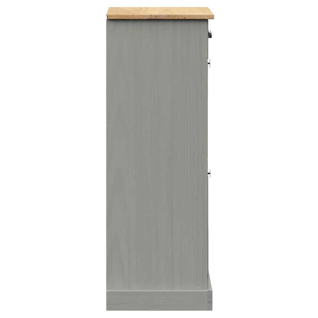 Gray solid pine wood shoe cabinet with louvered doors and oak top, 23.6x13.8x37.8 inches.