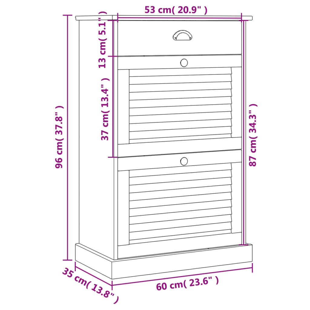 Gray solid pine wood shoe cabinet with louvered doors, measuring 23.6x13.8x37.8 inches.