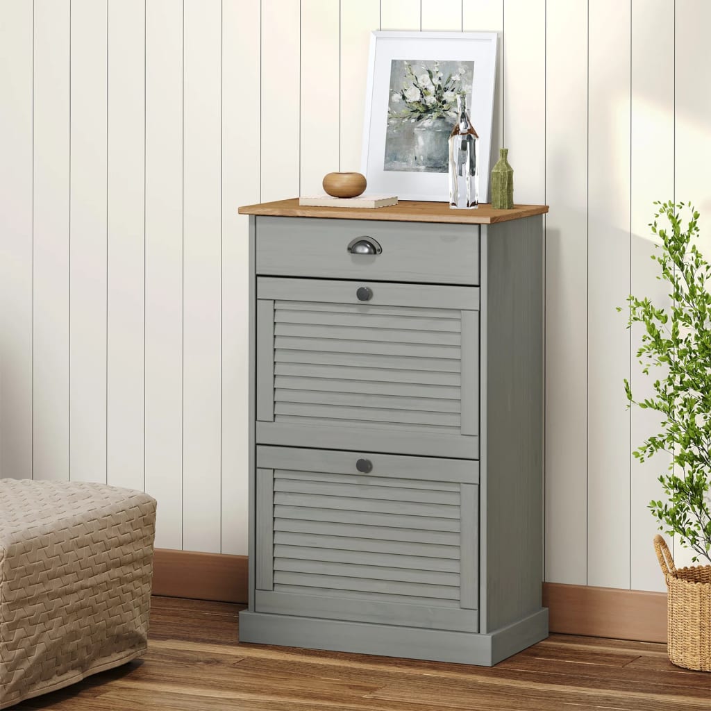 Gray solid pine wood shoe cabinet with louvered doors and top shelf, 23.6x13.8x37.8 inches.