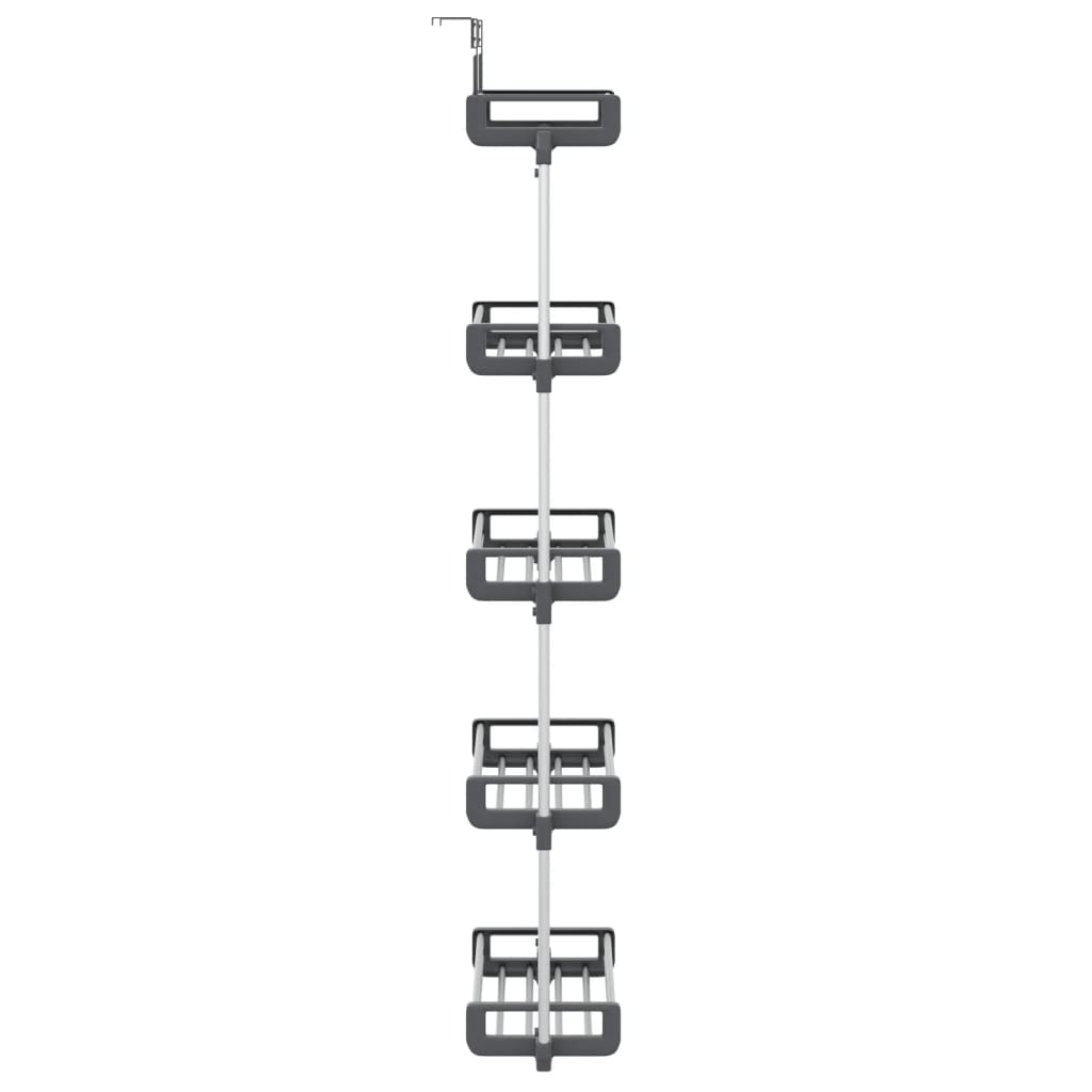 Silver over-the-door organizer with 5 shelves for storing towels and toiletries.