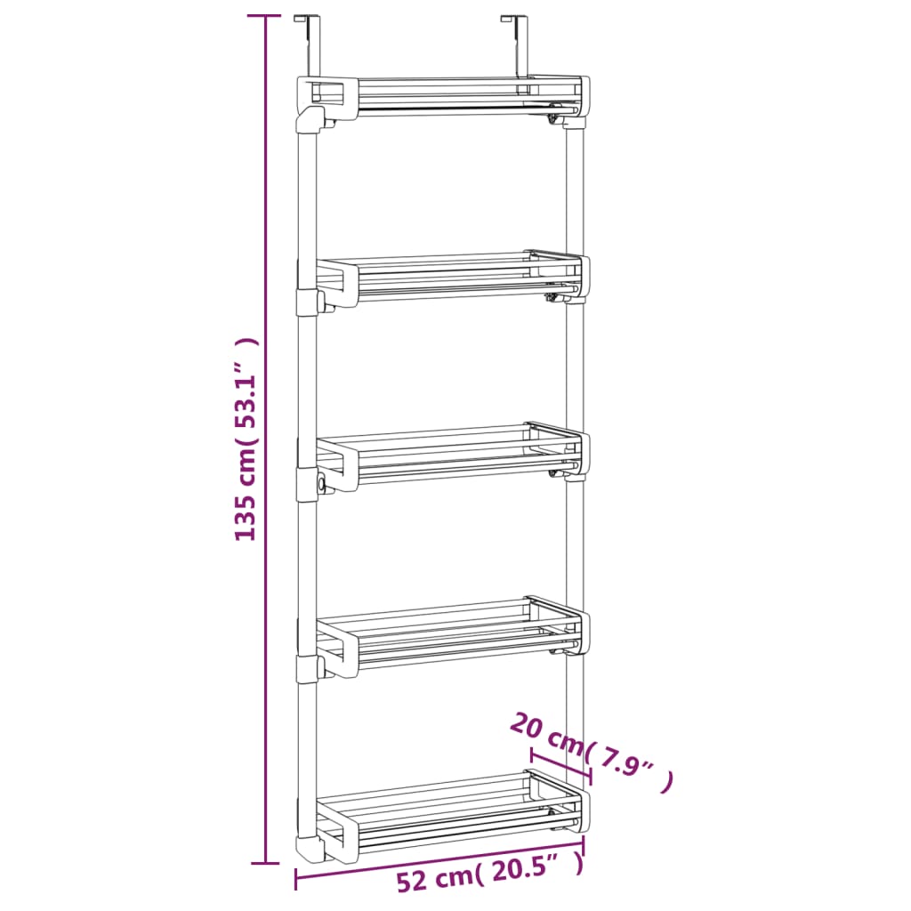Silver over-the-door organizer with five shelves for storage of towels and toiletries.