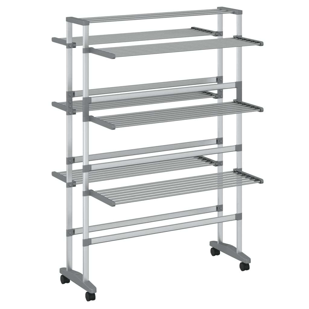 Silver 3-tier aluminum laundry drying rack on wheels with foldable design and stable frame.