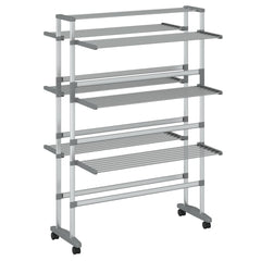 Silver 3-tier aluminum laundry drying rack on wheels with foldable design and stable frame.