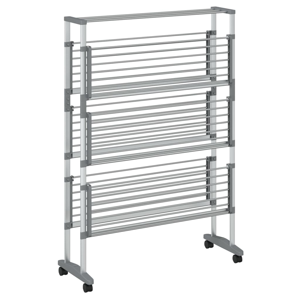 Silver 3-tier aluminum laundry drying rack on wheels with foldable design and sturdy frame.