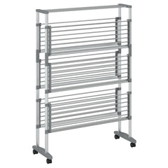 Silver 3-tier aluminum laundry drying rack on wheels with foldable design and sturdy frame.