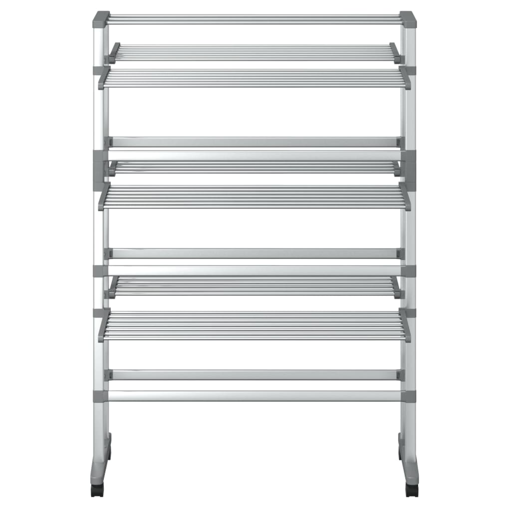 Silver 3-tier aluminum laundry drying rack on wheels with foldable design and sturdy frame.