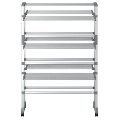 Silver 3-tier aluminum laundry drying rack on wheels with foldable design and sturdy frame.