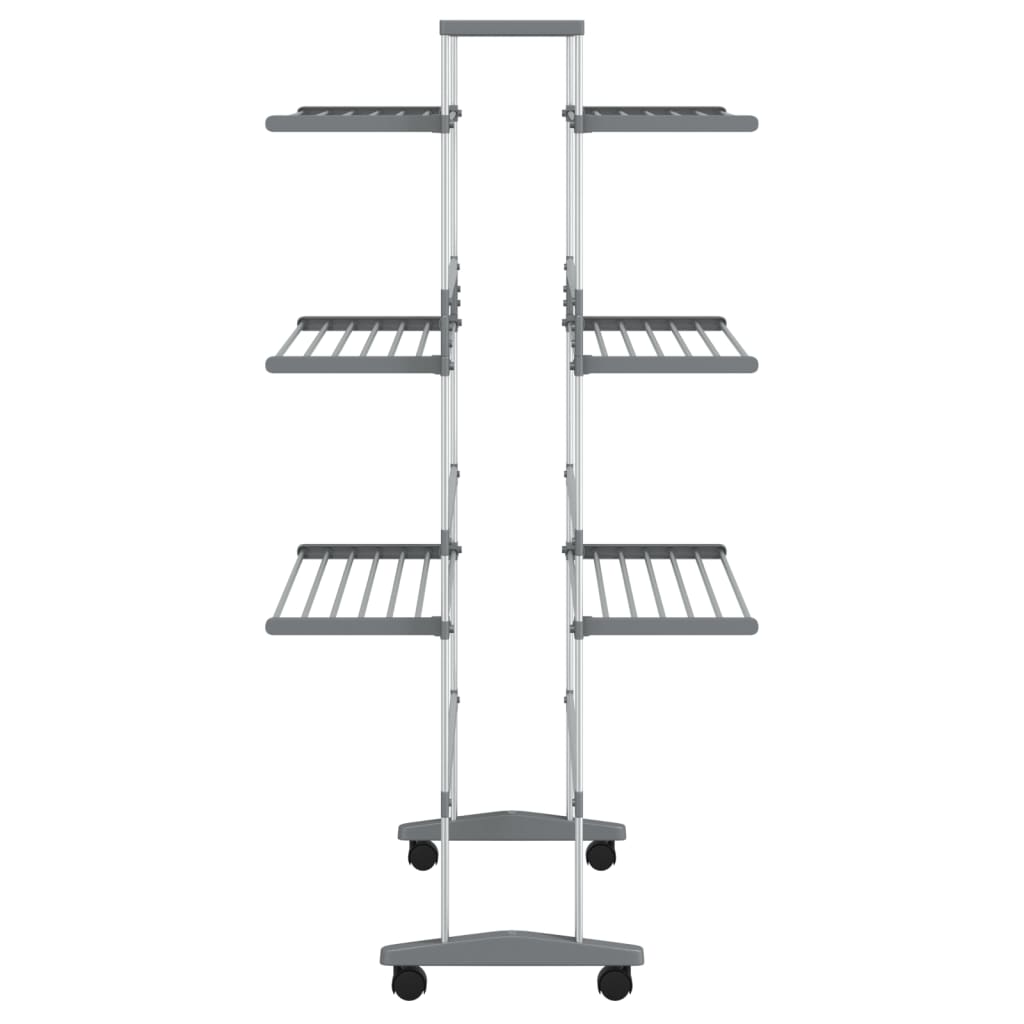 Silver 3-tier aluminum laundry drying rack on wheels, featuring foldable design and stable frame.