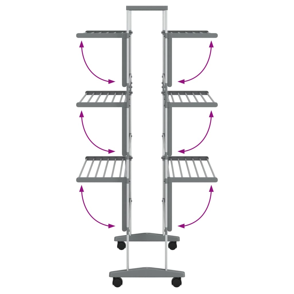 Silver 3-tier aluminum laundry drying rack with wheels, featuring foldable design for space-saving.