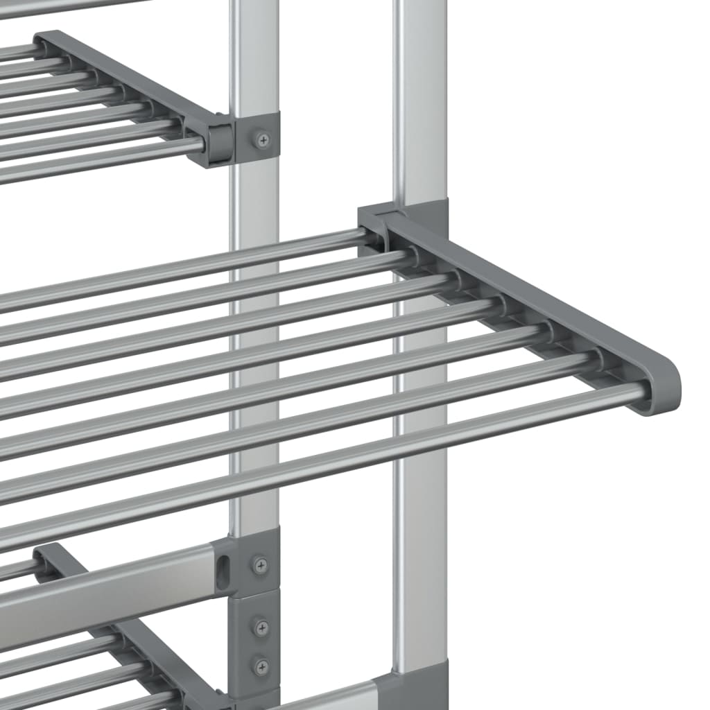 Silver 3-tier aluminum laundry drying rack on wheels with a stable frame and foldable design.