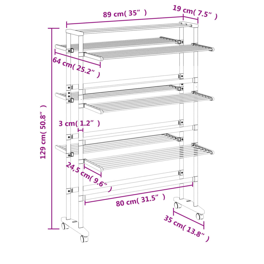 3-tier aluminum laundry drying rack on wheels in silver with foldable design and stable frame.