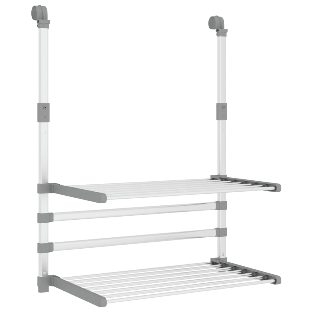 Silver aluminum retractable balcony drying rack with two foldable drying levels and adjustable bars.