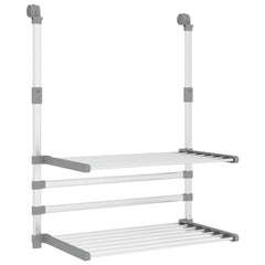Silver aluminum retractable balcony drying rack with two foldable drying levels and adjustable bars.