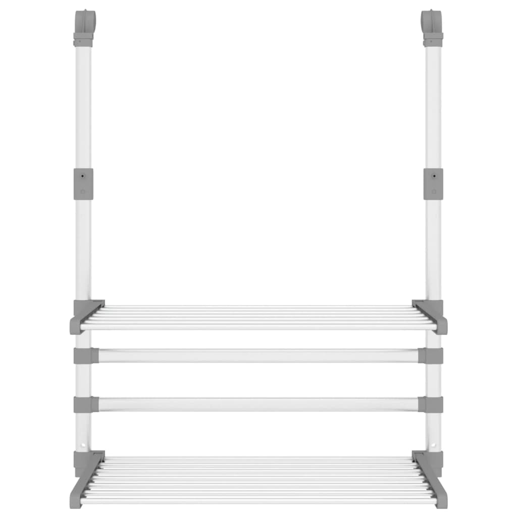 Silver aluminum retractable balcony drying rack with foldable shelves and extendable bars.