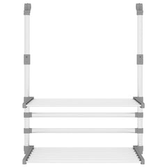 Silver aluminum retractable balcony drying rack with foldable shelves and extendable bars.