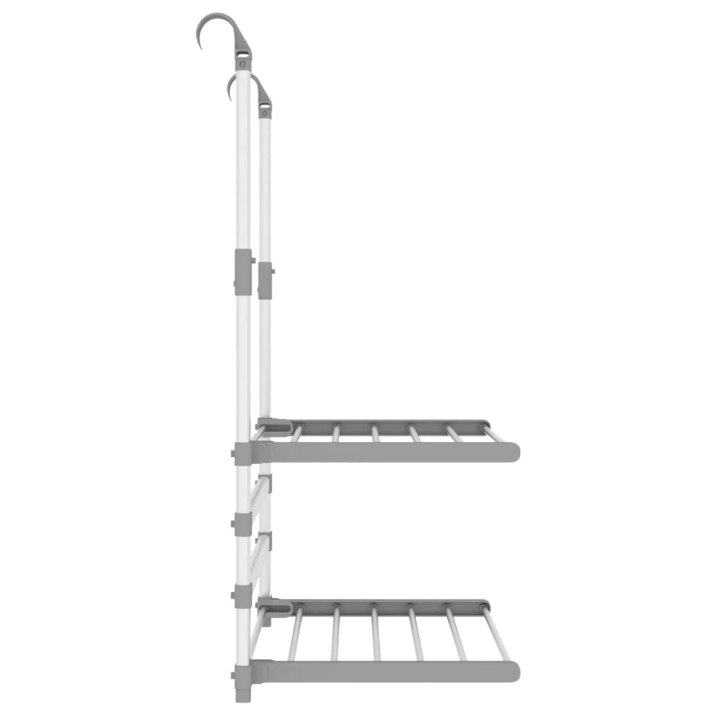 Silver aluminum retractable balcony drying rack with foldable levels and hook.