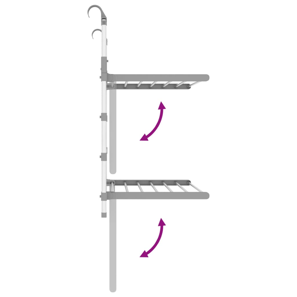 Silver aluminum retractable balcony drying rack with two foldable hanging levels and hooks.