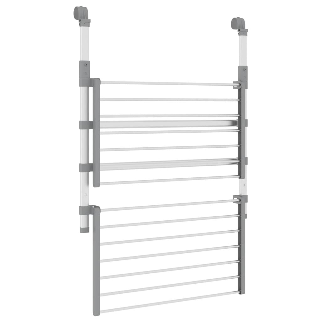 Silver aluminum retractable balcony drying rack with foldable levels and horizontal bars.