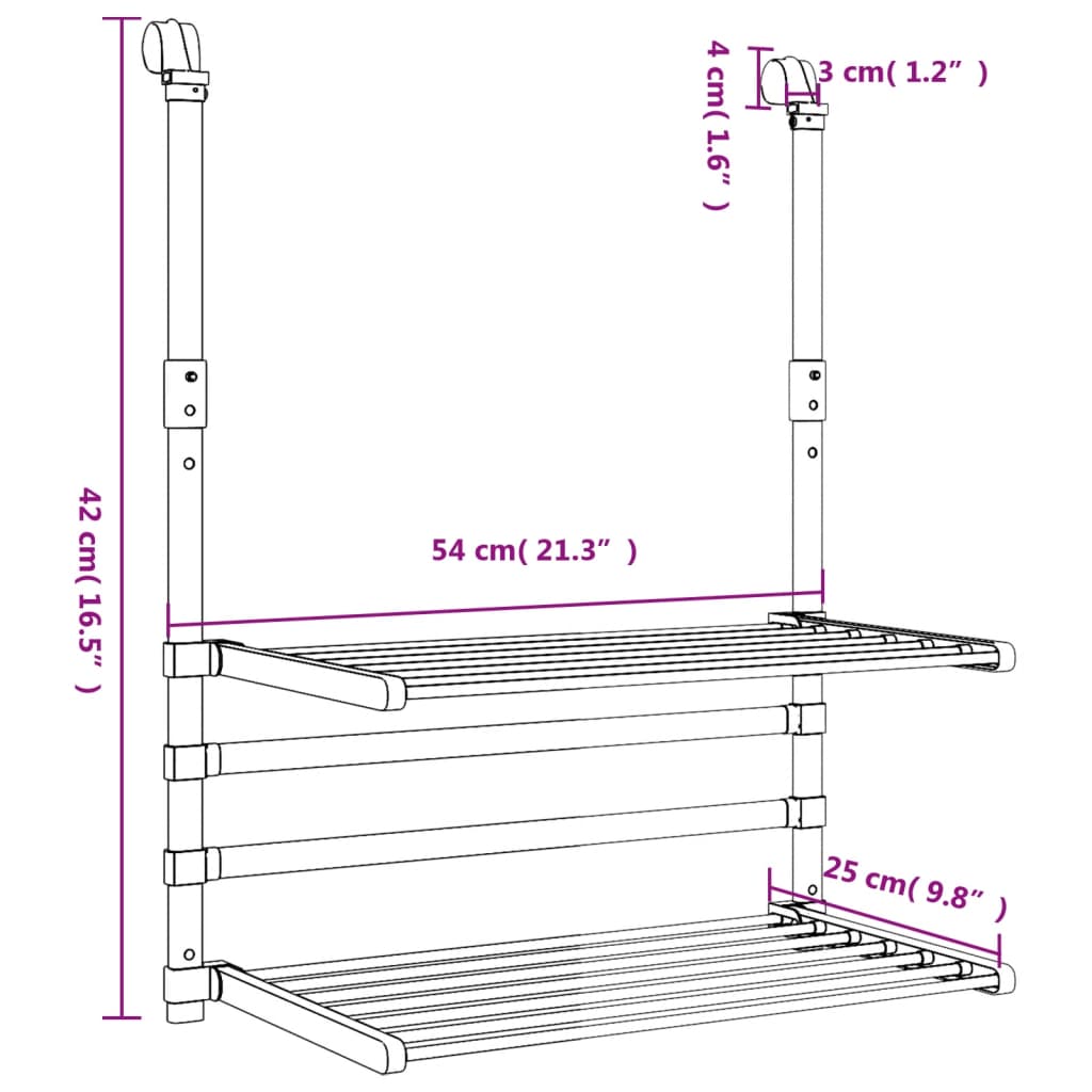 Silver aluminum retractable balcony drying rack with two foldable shelves and dimensions shown.