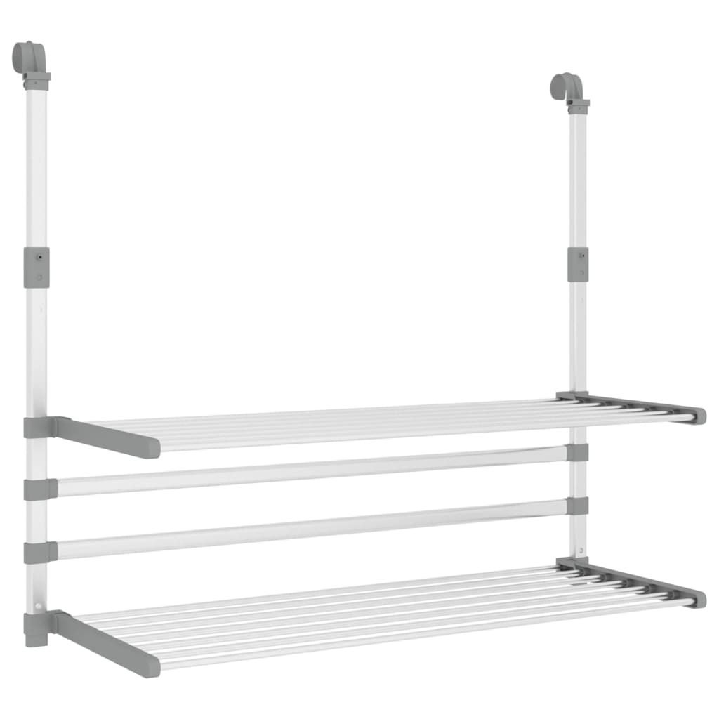 Gray aluminum retractable balcony drying rack with extendable height and multiple shelves.