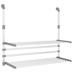 Gray aluminum retractable balcony drying rack with extendable height and multiple shelves.