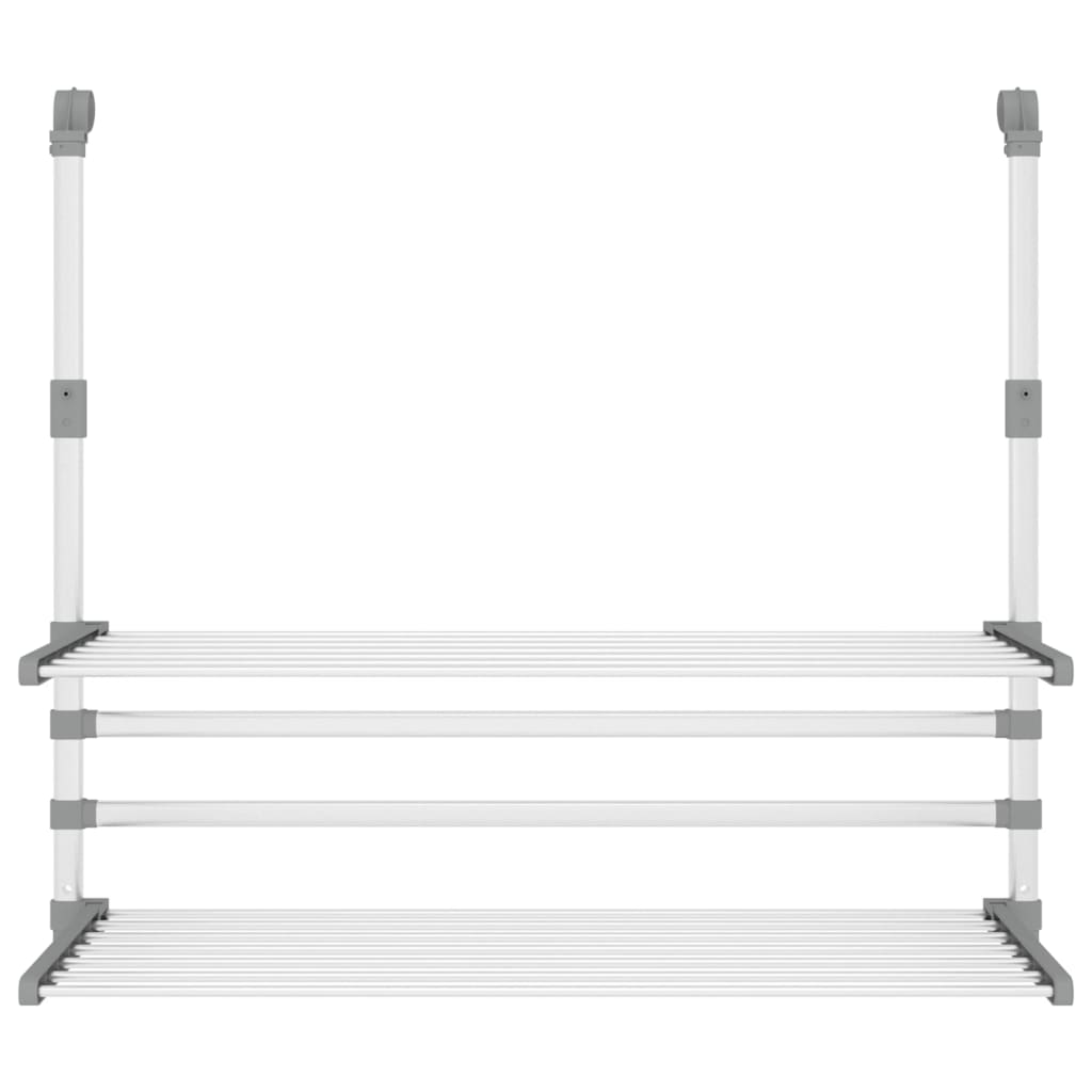 White aluminum retractable balcony drying rack with multiple adjustable shelves.